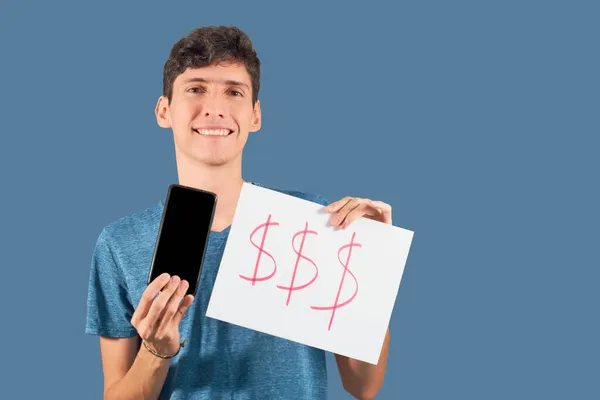Concept Téléphone Portable Shopping Homme Montre Son Smartphone Ses Offres — Photo