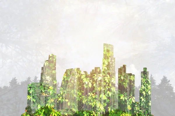 植物や森林と都市の二重暴露 持続可能で生態学的な都市構想 — ストック写真