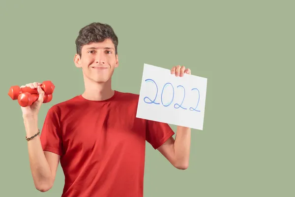 Chico Feliz Cumplir Sus Resoluciones Año Nuevo 2022 —  Fotos de Stock
