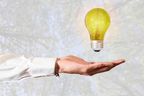 Grön Energi Innovation Glödlampa Flyter Över Hand Begreppet Ekologisk Energi — Stockfoto