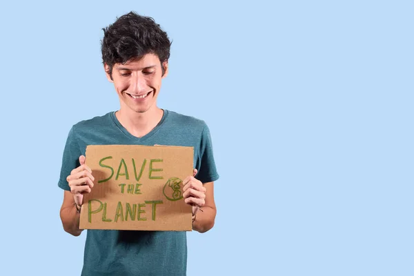 Joven Con Cartel Cartón Con Mensaje Para Salvar Planeta Aislado — Foto de Stock