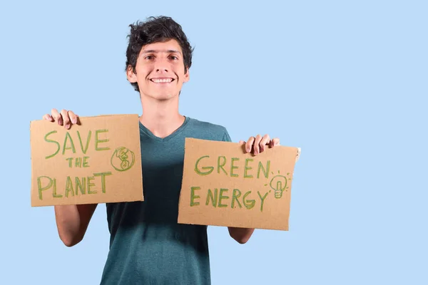 Joven Sosteniendo Cartel Tarjeta Energía Verde Escrito — Foto de Stock