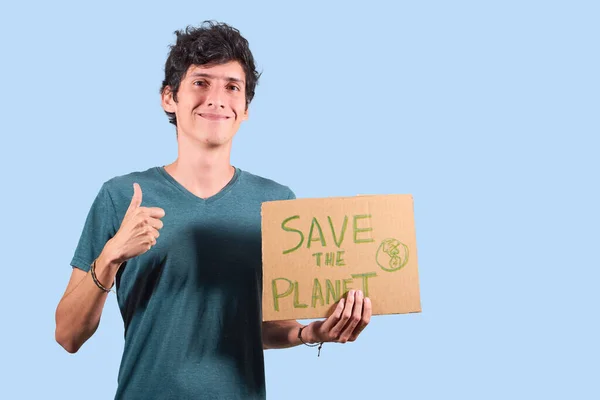 Joven Con Cartel Cartón Con Mensaje Para Salvar Planeta Aislado — Foto de Stock