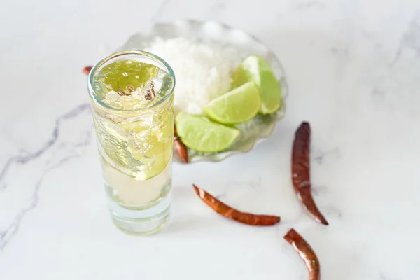 Lime Slice Falls Glass Mexican Tequila — Stock Photo, Image
