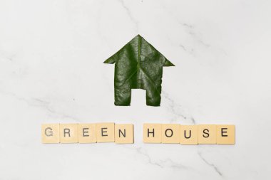 Çevre dostu ev. Kesilen yaprağın üzerindeki ev şekli.