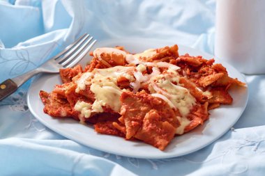 Chilaquiles Meksika kahvaltısı. Tortilla ve kırmızı sostan yapılmış..