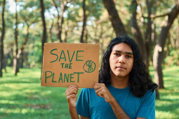 Young Latin Teenage Man Protests Forest Planet — Foto de Stock