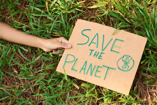 Утилизированная картонная табличка посреди леса, на которой написано SAVE THE PLANET.