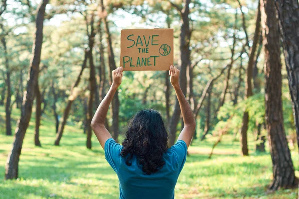 Young Teenage Man Holding Sign Says Planet Forest — Foto de Stock