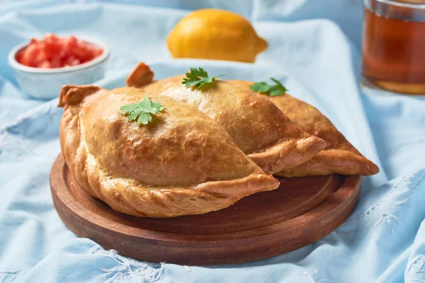 Latin American Fried Stuffed Empanadas Wooden Plate — Stock Photo, Image