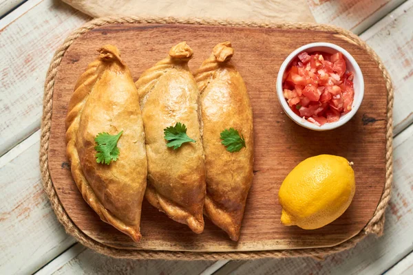 Traditional Baked Argentine Empanadas Savoury Pastries Wooden Rustic Table — Stock Photo, Image
