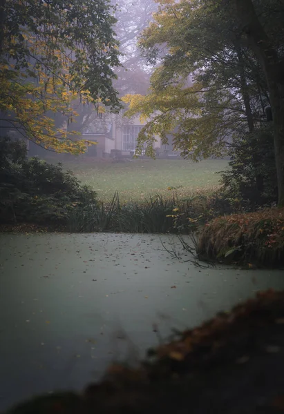 Niebla Otoño Sobre Estanque Pequeño Parque — Foto de Stock