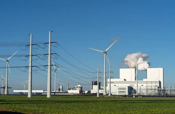 Elektrownia Paliwo Kopalne Węgiel Turbiny Wiatrowe Panele Słoneczne Elektrowni Eemshaven — Zdjęcie stockowe