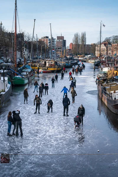 Groningen Groningen Netherlands February 2021 Ice Skating Canals City Groningen — Stock Photo, Image