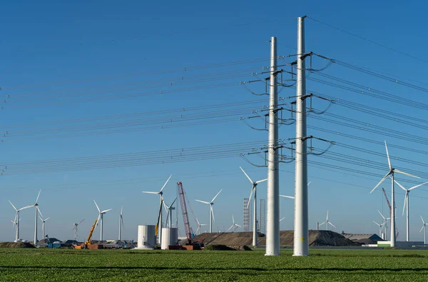 Modern High Voltage Towers Wind Turbines Industrial Area — Zdjęcie stockowe