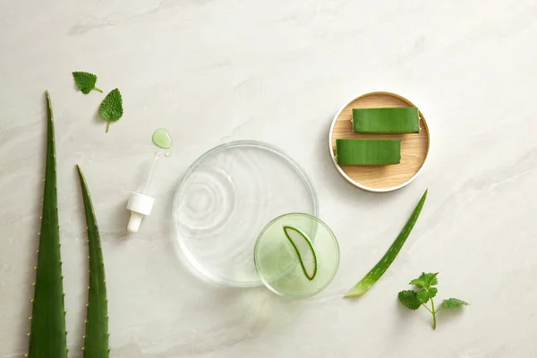 Aloe Vera Extrakt Výzkum Laboratoři Petriho Miska Kapátko Bílém Pozadí — Stock fotografie