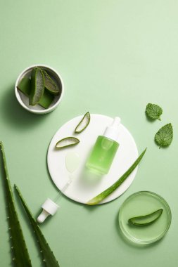 Aloe Vera laboratuvarda, aloe vera araştırma reklamcılığı, fotoğraf bilimi içeriği, üst görünüm için açık yeşil arka planda bir petri kabı düşürücü içeren araştırmalar çıkarıyor.
