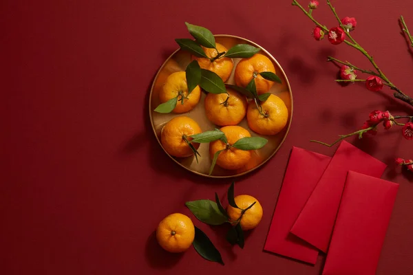 Kinesiska Lunar Nytt Med Mandarin Orange Blomma Och Röd Ficka — Stockfoto