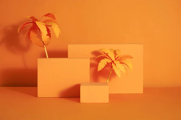 Vorderseite Des Weißen Und Orangefarbenen Podiums Mit Und Blume Auf — Stockfoto