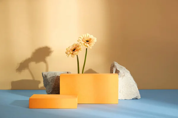 抽象的なコンテンツのためのベージュの背景に白とオレンジの表彰台と岩と花のフロントビュー — ストック写真
