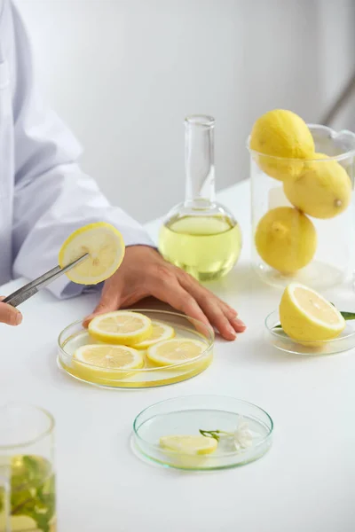 Citronextrakt Med Skivad Citron Laboratorium Petriskål Vit Bakgrund Grönt Löv — Stockfoto