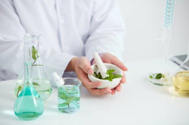 Bitkiler ve çiçekler petri kabından elde edilir ve laboratuvarda beyaz bir arka plan, test tüpünde yeşil bir yaprak ve kozmetik reklamcılığı için bilim adamı, fotoğraf bilimi konsepti