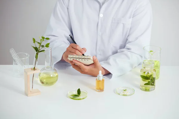 植物や花は ペトリ皿に抽出し 実験室で白い背景 化粧品広告のためのテスト管と科学者の緑の葉 写真科学の概念 — ストック写真