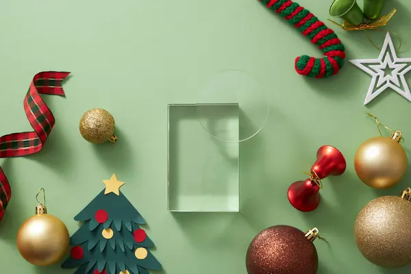 Transparent Podium Trendy Green Background Christmas Ornament Decorate Product Advertising — Stock Photo, Image