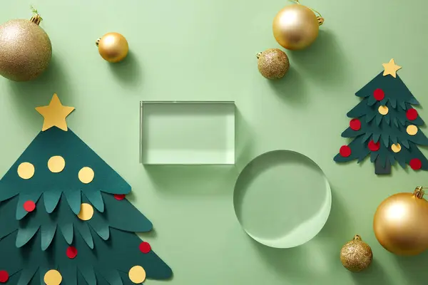 Transparent Podium Trendy Green Background Christmas Ornament Decorate Product Advertising — Stock Photo, Image