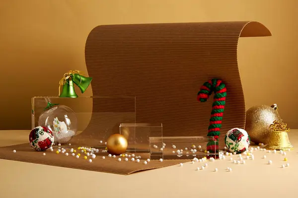 クリスマスの装飾が付いている茶色の背景の透明な表彰台そして折るペーパーは広告 休日の内容のための空白スペースを飾り — ストック写真