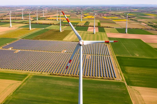 A bird\'s-eye view of green electricity production from ground-mounted solar systems and wind turbines in Germany