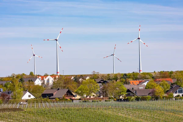 Settlement Rural Landscape Fields Vines Dominated Huge Wind Turbines — Stock Photo, Image
