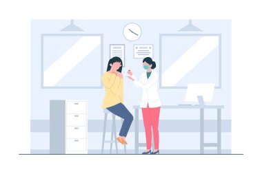 Kadınlar doktor illüstrasyonuyla aşı oluyor.