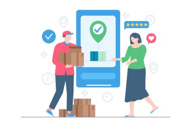Müşteri düz illüstrasyon önünde kurye teslimatı