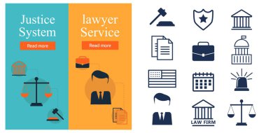 Avukat konsepti. Düz stil avukat simgeleri. Avukat imzası ve sembol vektörü. Avukat kümesi illüstrasyonu