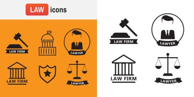 Avukat konsepti. Düz stil avukat simgeleri. Avukat imzası ve sembol vektörü. Avukat kümesi illüstrasyonu