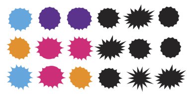 Bir dizi vektör yıldız patlaması, güneş patlaması rozetleri. Yıldız patlaması izole simgeleri ayarlandı