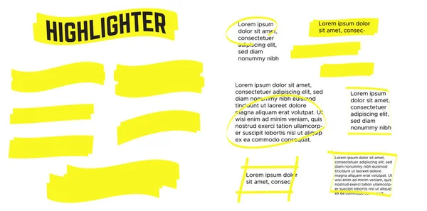 Lignes Marqueurs Surbrillance Jaune Mettre Évidence Les Traits Conception Dessin — Image vectorielle