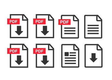 PDF dosya download simgesi. Belge metin, sembol web biçimi bilgileri, vektör çizim