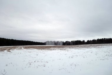 Kışın konut binası, tarım arazisi ve orman. Mevsimlik arkaplan                   