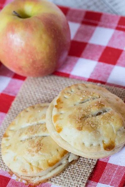 Tartes Main Aux Pommes Automne Sur Une Serviette Carreaux Rouges — Photo