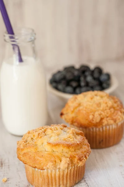 Muffins Mirtilo Com Jarro Vidro Leite Mirtilos Uma Tigela — Fotografia de Stock