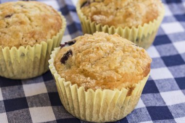 Kahvaltı için mavi kareli peçetede taze yaban mersinli kek.