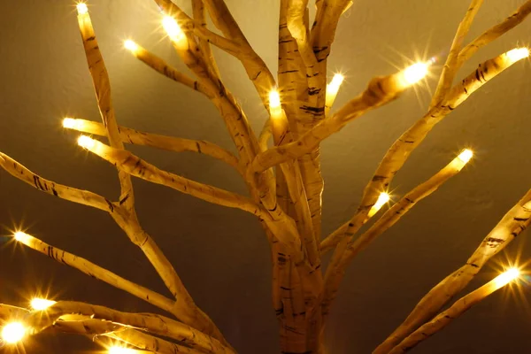 Beyaz Huş Ağacı Tatil Işığı Dekorasyonu — Stok fotoğraf