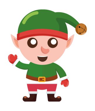 Elf. Şapkası ve gülüşü olan çizgi film elfi. Elf Noel karakteri ikonu. Vektör illüstrasyonu.