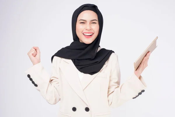 Young Beautiful Muslim Businesswoman Suit Holding Tablet White Studio Background — Stock Photo, Image