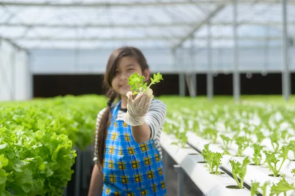 Seorang Gadis Lucu Bahagia Belajar Dan Belajar Pertanian Rumah Kaca — Stok Foto