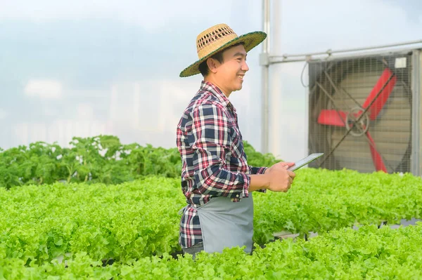 Šťastný Farmář Pracující Tabletou Hydroponické Skleníkové Farmě Čisté Jídlo Zdravá — Stock fotografie