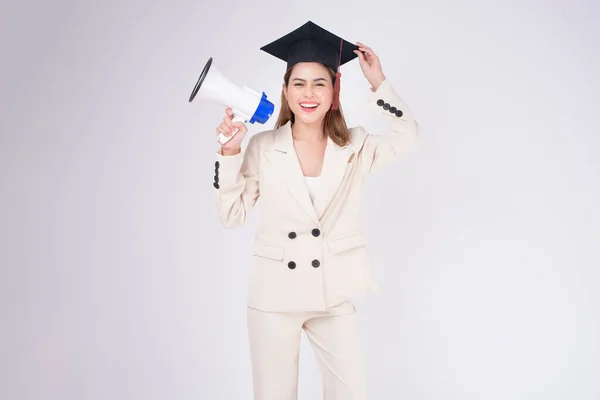 Retrato Mujer Joven Graduada Sobre Fondo Blanco —  Fotos de Stock