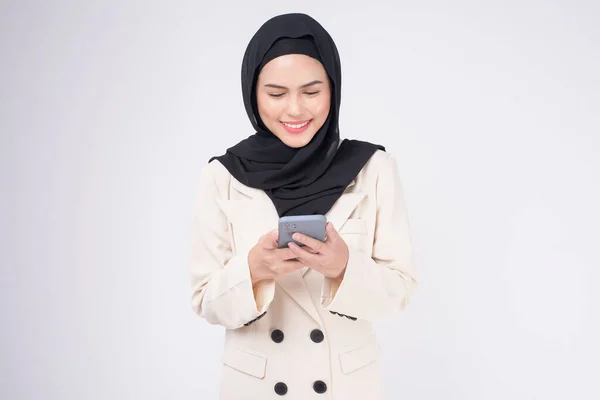 Portrait Young Beautiful Muslim Woman Suit Using Smart Phone White — Stock Photo, Image